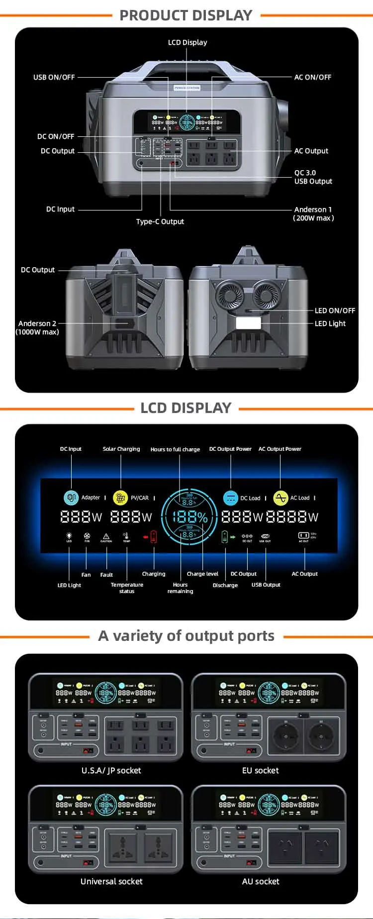 Outdoor 110V / 230V Pure Sine Wave Solar Generator Lithium Battery Portable Power Station 2200W