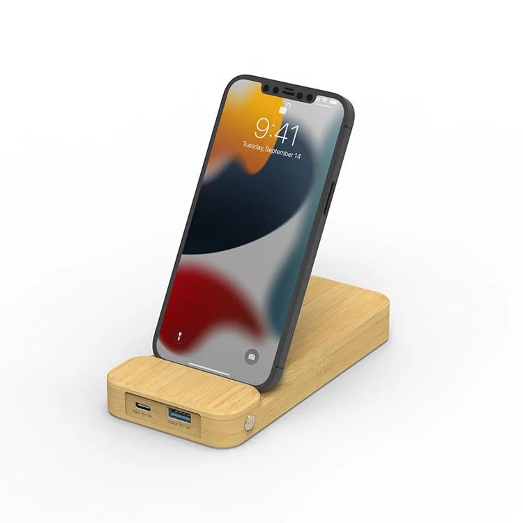 4000mAh Bamboo Wood Design Wireless Charger Treasure Mobile Power Bank with Bracket Can Be Printed Logo