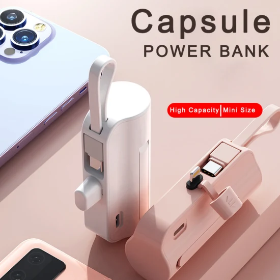 Meilleure Promotion Cadeau Pilule OEM 5000mAh D'urgence Portable Rechargeable Compact Capsule Construire dans le Câble 2 en 1 Mini Power Bank pour iPhone Android Type C